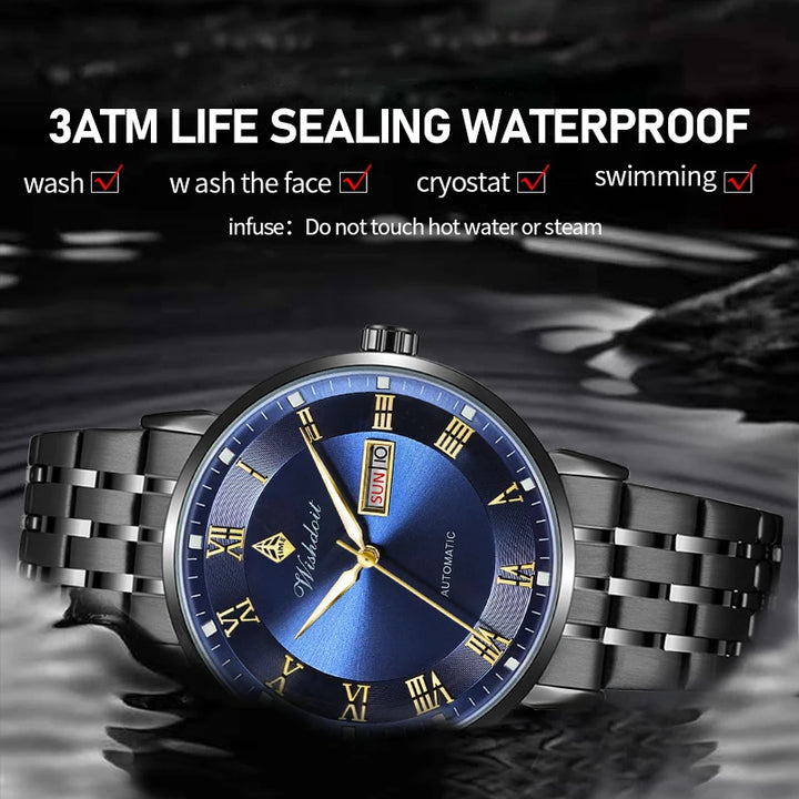 Men's Waterproof Automatic Mechanical Watch with Luminous Dial Silver Black 1